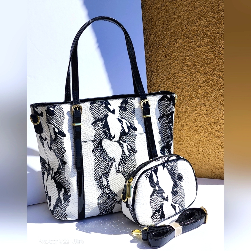 Women's Black and White Studded 2 Piece Leather Snake Print Tote Handbag